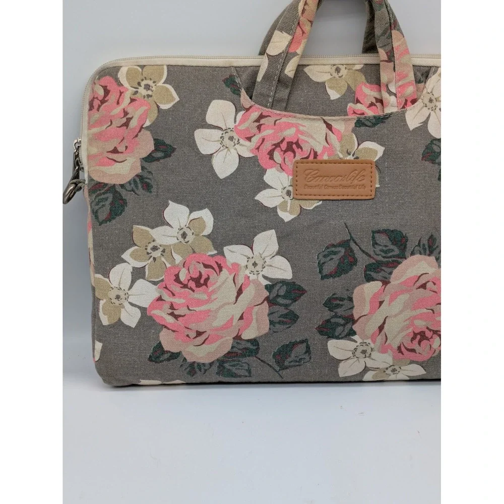 Canvaslife Floral Laptop Bag 16x12 Gray Pink Rose Canvas Shoulder Briefcase